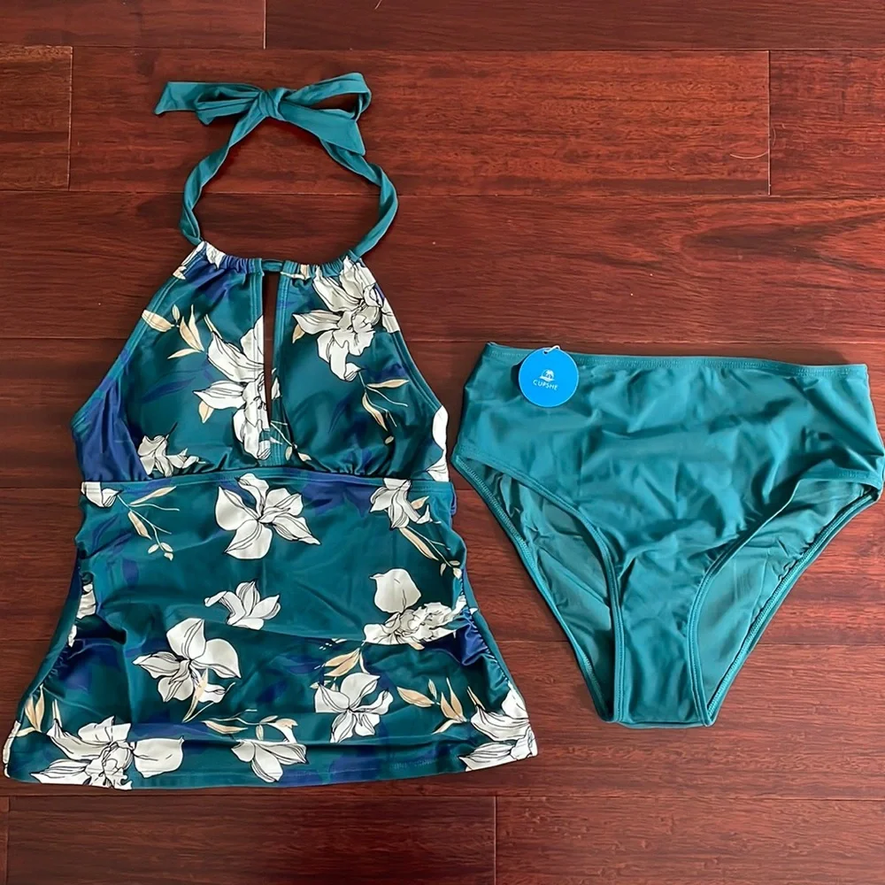 Cupshe Charmed Romance Keyhole Tankini & High Waist Bikini Bottom Set (Medium) - Picture 1 of 3